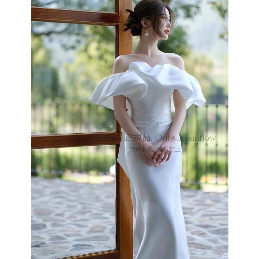 ウエディングドレス マーメイド トレーン ウェディングドレス 袖あり オフショルダー ドレス 花嫁 マキシ丈 大きいサイズ 3L 白 フリル 上品 シンプル CCLF1104P106