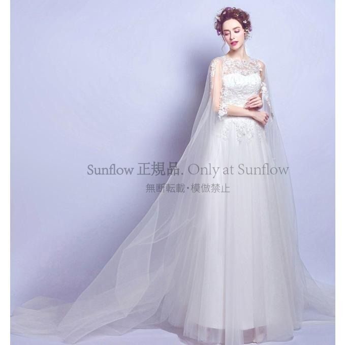 ウェディングドレス ロングベール チュール レース ロング丈 結婚式 二次会 ホワイト 白 小さいサイズ 花柄 刺繍 フェミニン エレガント CCLF1104P096