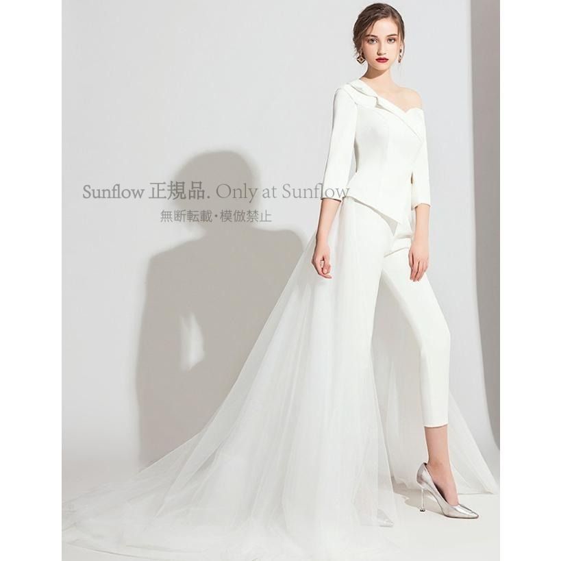 一部 ウエディングドレス ドレス 白 黒 パンツドレス 結婚式 二次会 花嫁 ドレス 大きいサイズ 袖あり 長袖 トレーン 個性的 ワンショルダー CCLF1104P070