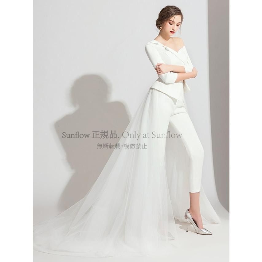 一部 ウエディングドレス ドレス 白 黒 パンツドレス 結婚式 二次会 花嫁 ドレス 大きいサイズ 袖あり 長袖 トレーン 個性的 ワンショルダー CCLF1104P070