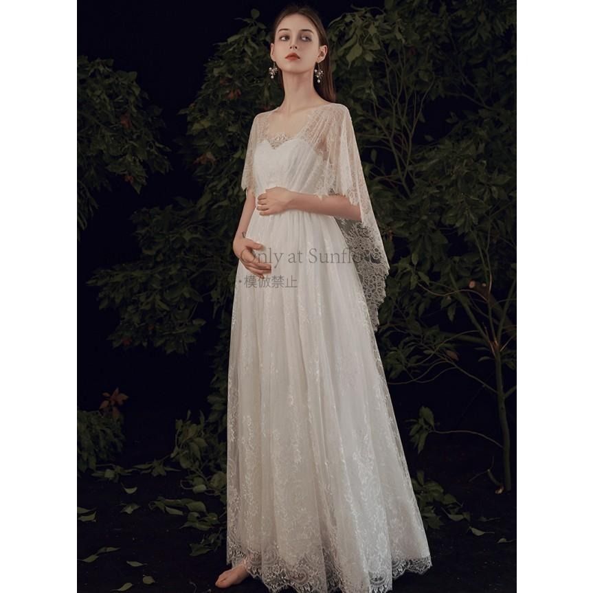 ウェディングドレス エンパイアドレス 結婚式 二次会 花嫁 マタニティ ドレス 白 ロングドレス 袖あり 半袖 大きいサイズ 3L 小さいサイズ シースルー CCLF1104P067