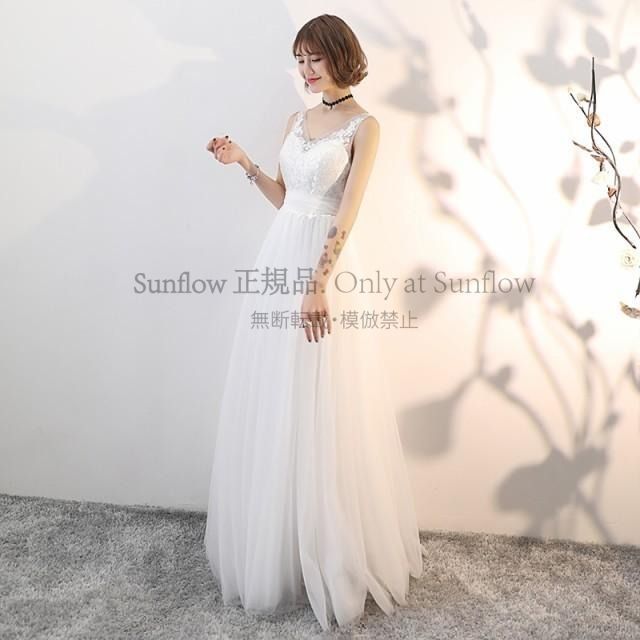 ウェディングドレス 刺繍 パール リボン レース ロング丈 パーティードレス 白 ホワイト ノースリーブ 花柄 シースルー Ｖネック フェミニン CCLF1104P092