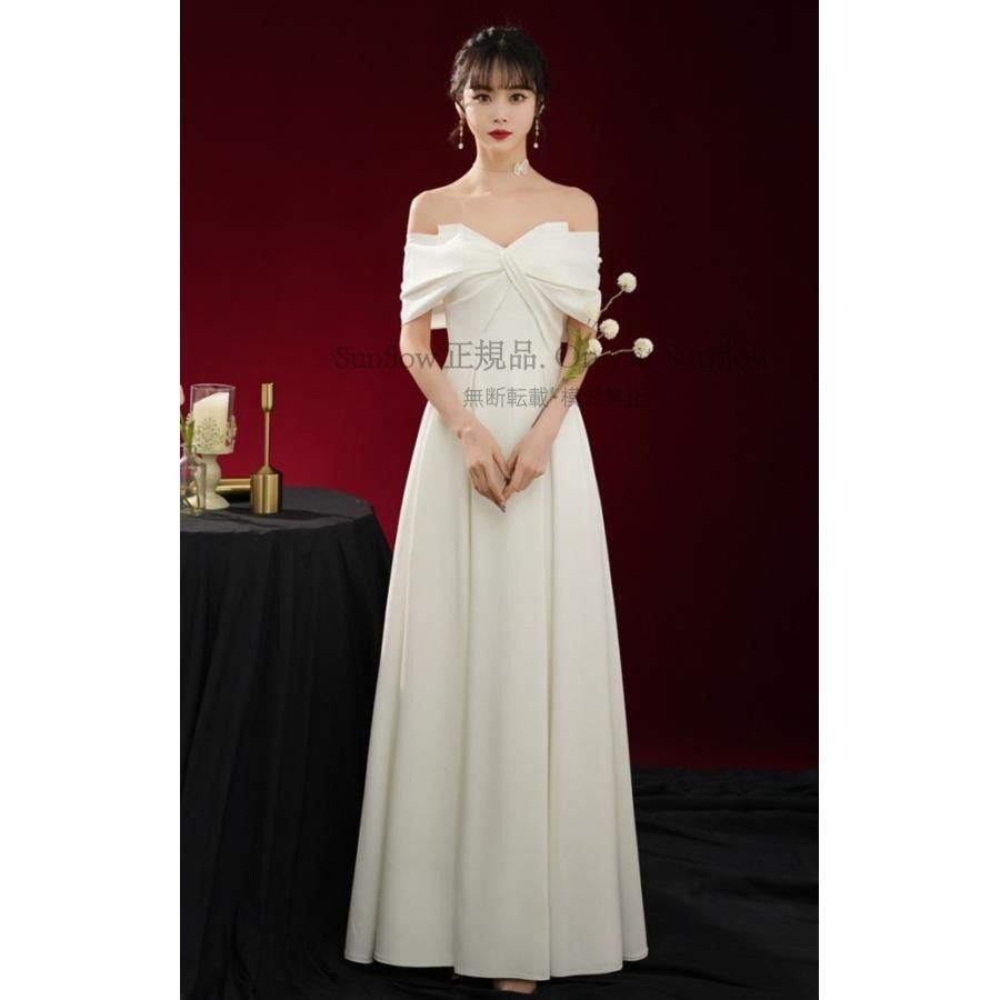 ウエディングドレス オフショルダー 白 ロングドレス 袖あり 二次会 ドレス 花嫁 結婚式 大きいサイズ 3L 小さいサイズ リボン 上品 大人 CCLF1104P102