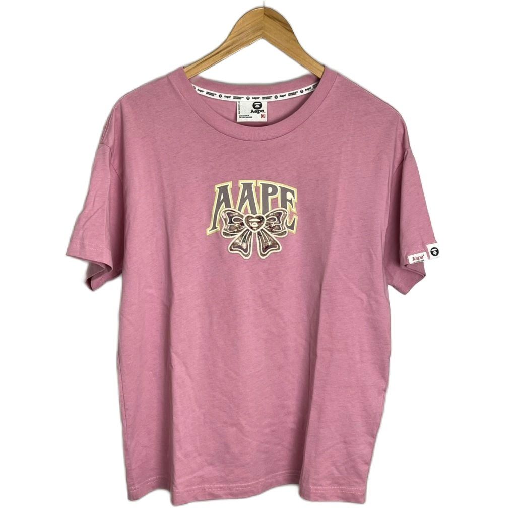 アベイシングエイプ A BATHING APE AAPE リボンモチーフ ワッペン Tシャツ 半袖 カットソー クルーネック XS ピンク AAPTEW1581XXN レディース