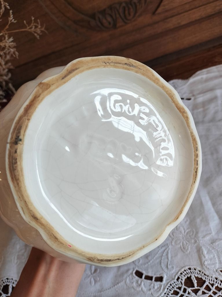 フランス アンティークア 花リム 陶器 ピッチャー 花瓶 サルグミンヌ製