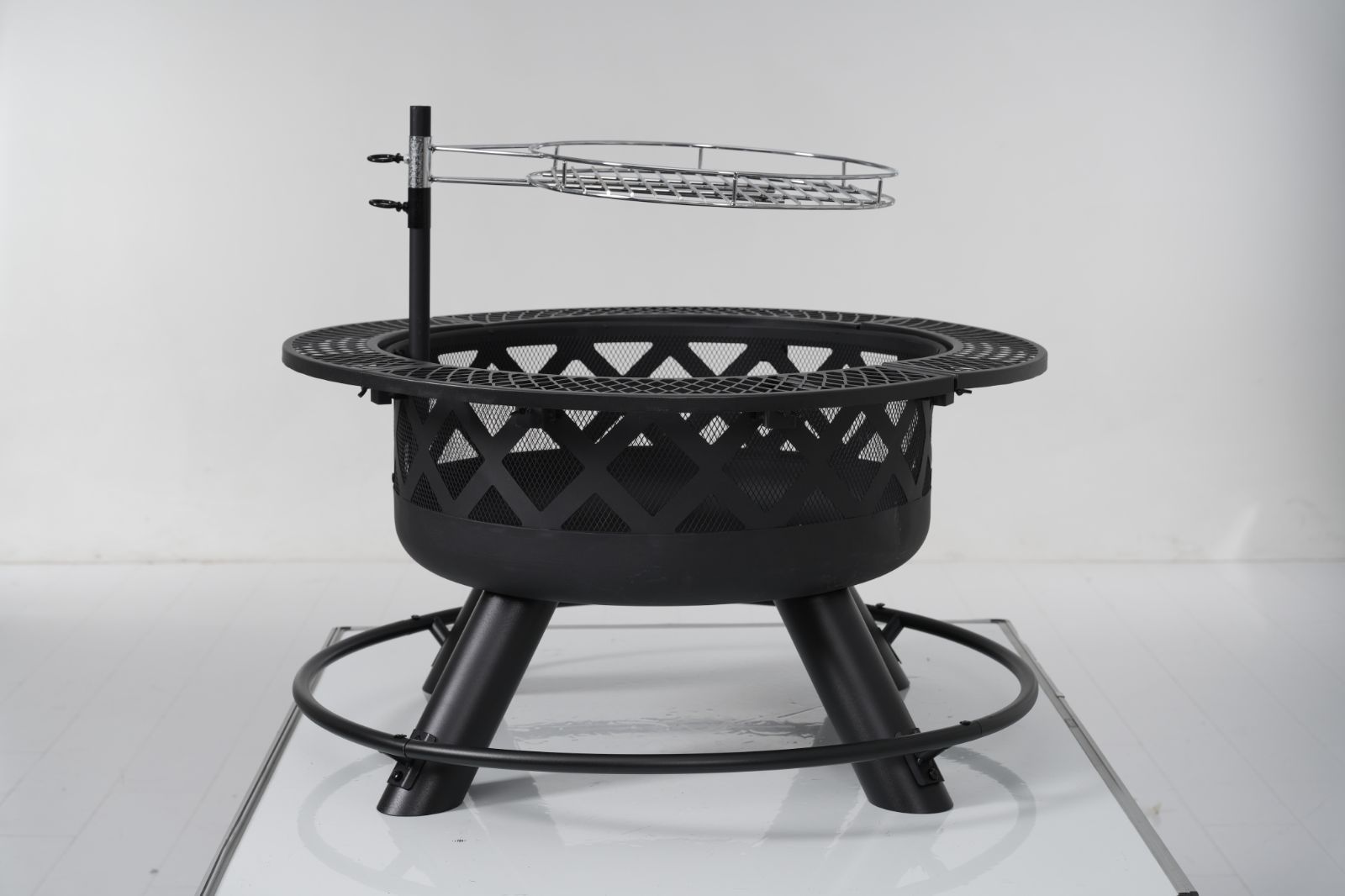 ファイヤーピット 焚き火台 BBQコンロ 焼き網高さ調整可 大型 二次燃焼対応 メッシュ蓋付き ブラック アウトドア キャンプ 安全設計 ブラック