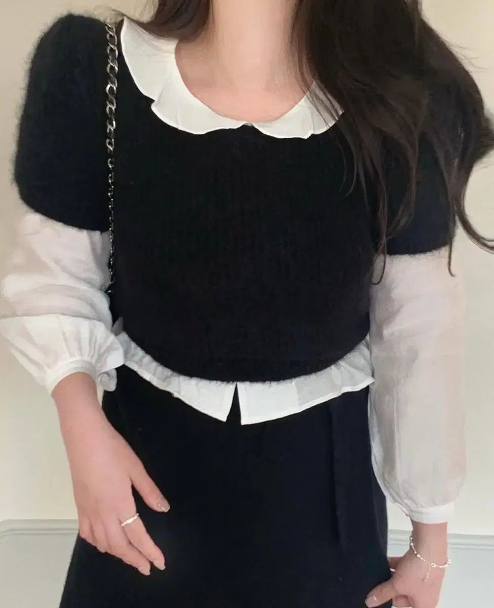 パフ半袖ニット ブラック スカート