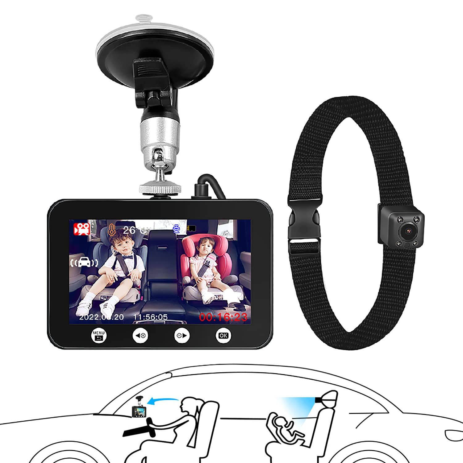 新品 Motocam ベビーミラー 車用ベビーモニター カメラ 1080PフルHD 4.5インチ 赤外線暗視 100広角 録画機能付 温度監視 角度調整可能 エンジン録画 ループ録画 ベビードライブレコーダー 赤ちゃ