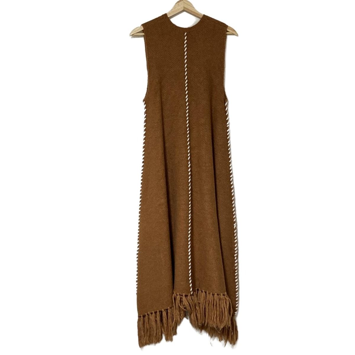 AMERI アメリ ワンピース サイズF レディース - ブラウン×白 クルーネック ノースリーブ ロング ニット フリンジ