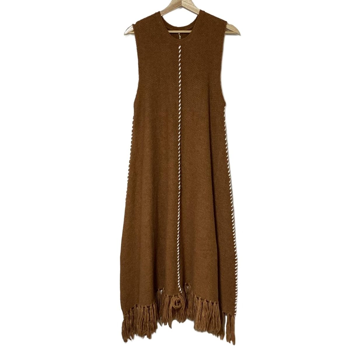 AMERI アメリ ワンピース サイズF レディース - ブラウン×白 クルーネック ノースリーブ ロング ニット フリンジ