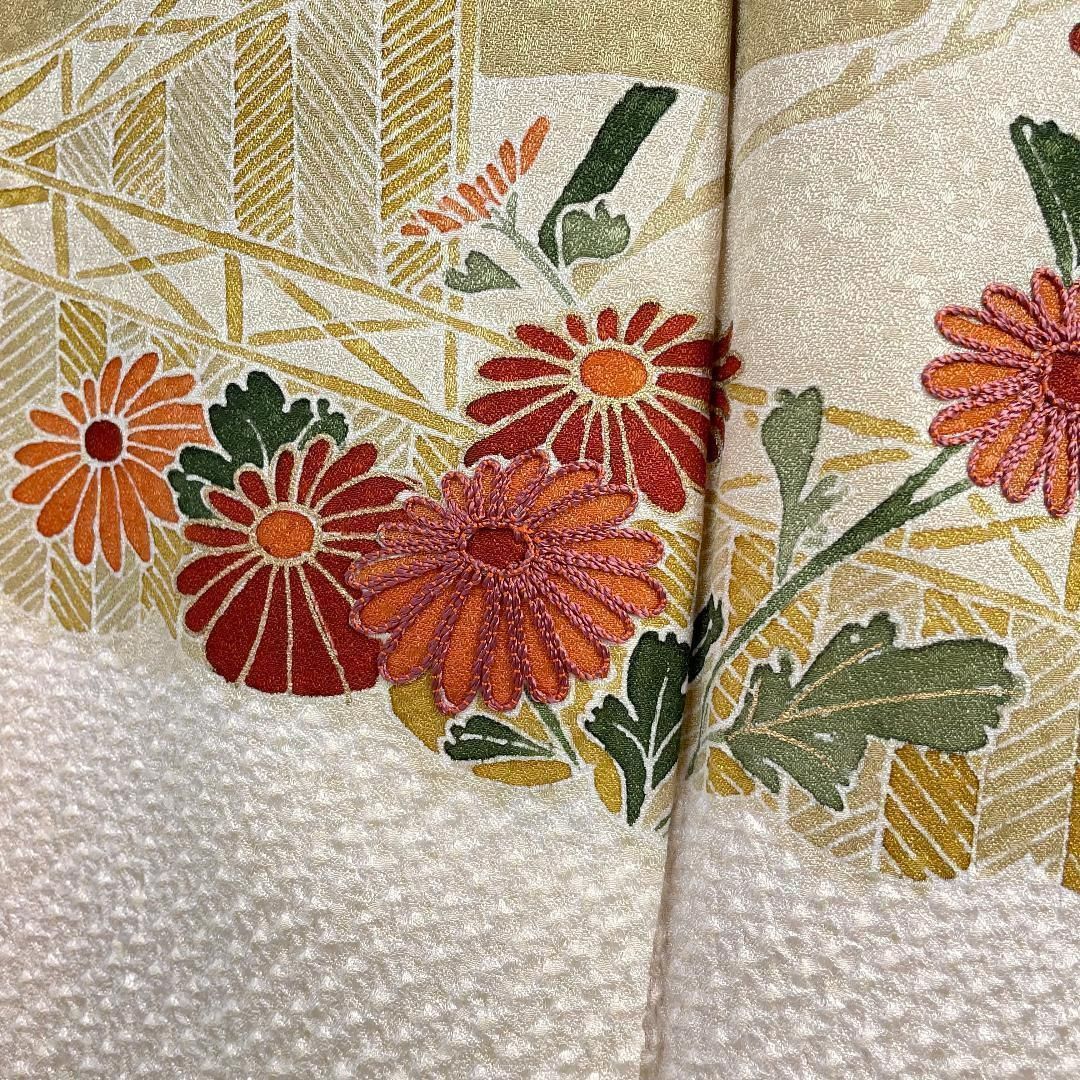 ベージュ 花柄刺繍 着物 小紋1058 クリームベージュ花(正絹) | 着物 