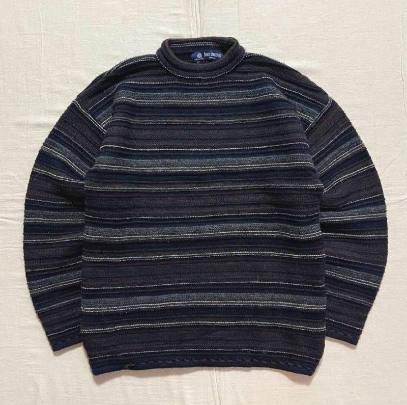 90s vintage ヴィンテージ モックネック マルチボーダー柄 立体編み 3D