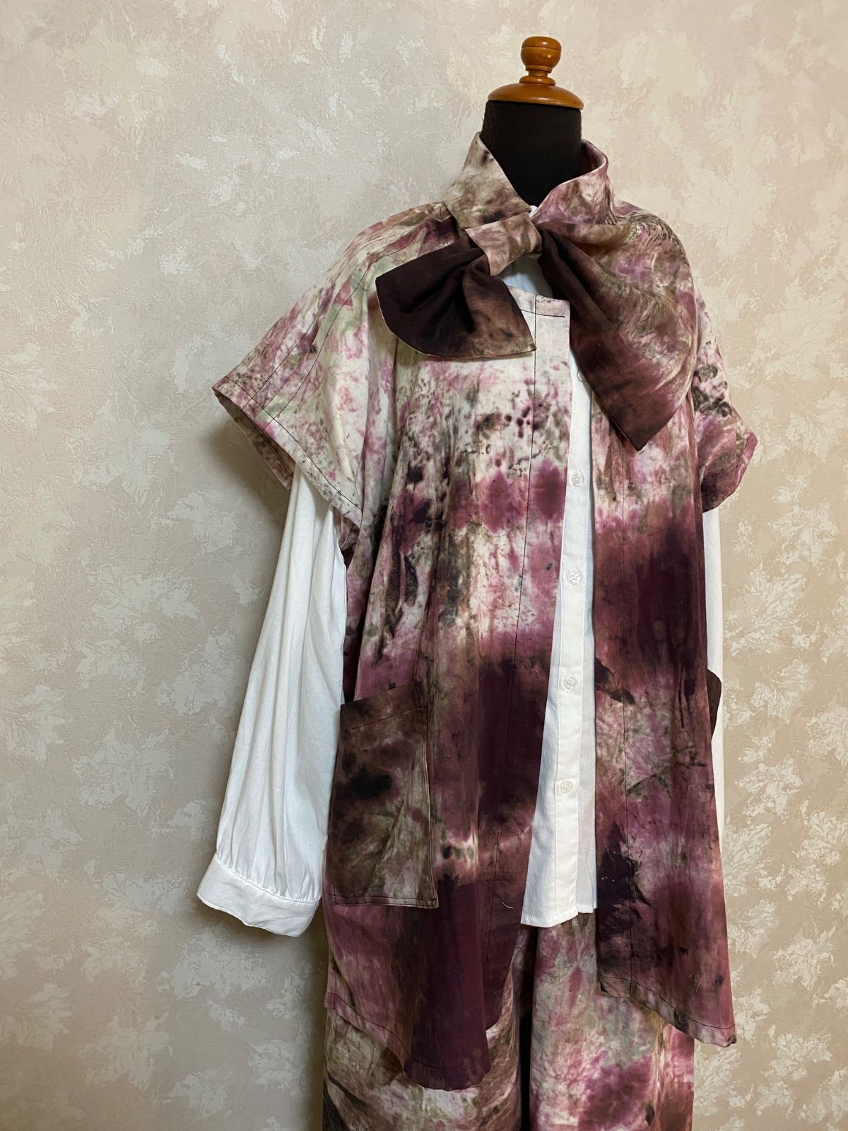 480.手染めセットアップ ぶっかけ染め カーディガン パンツ スカーフ3点セット