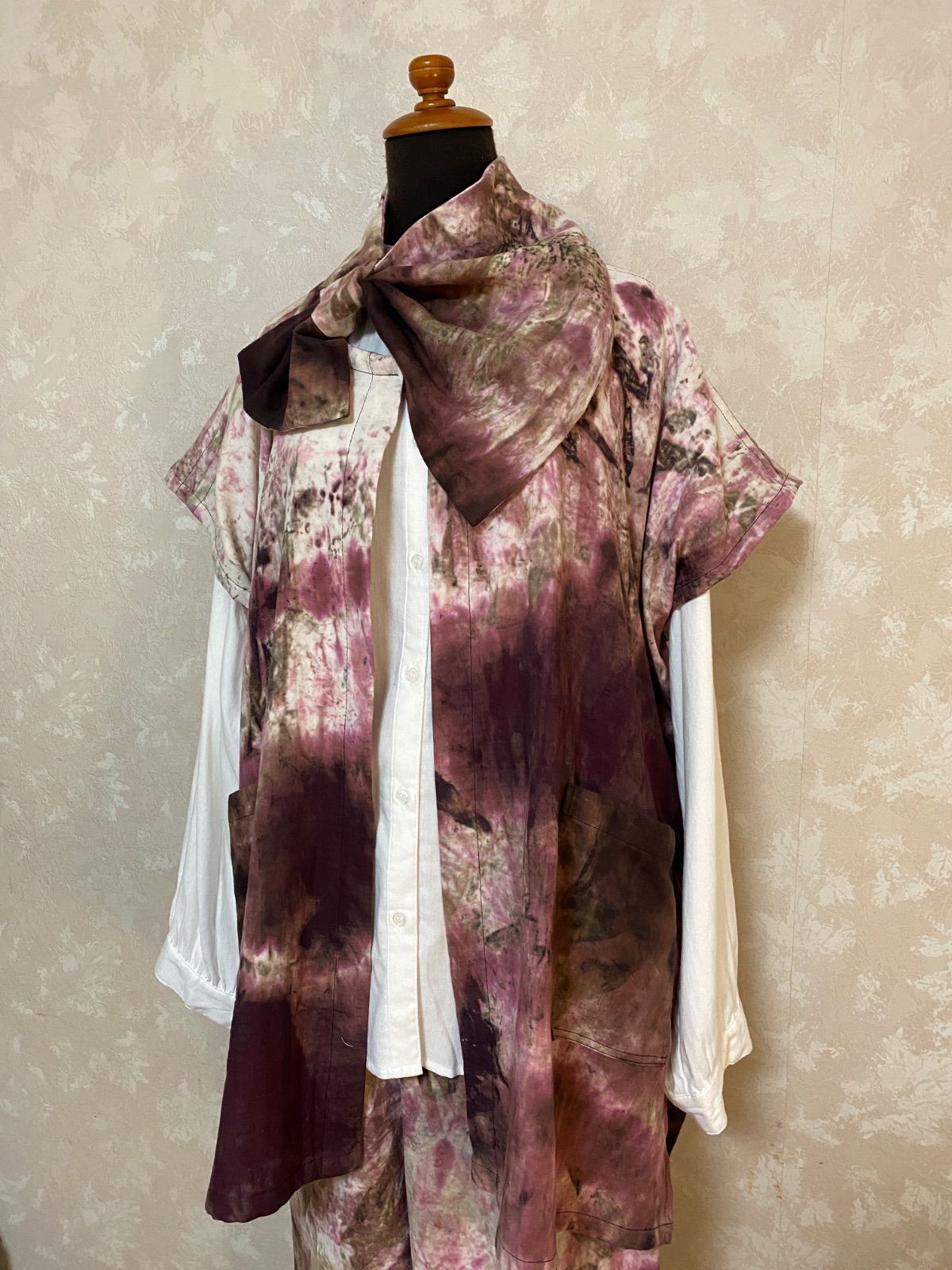 480.手染めセットアップ ぶっかけ染め カーディガン パンツ スカーフ３点セット