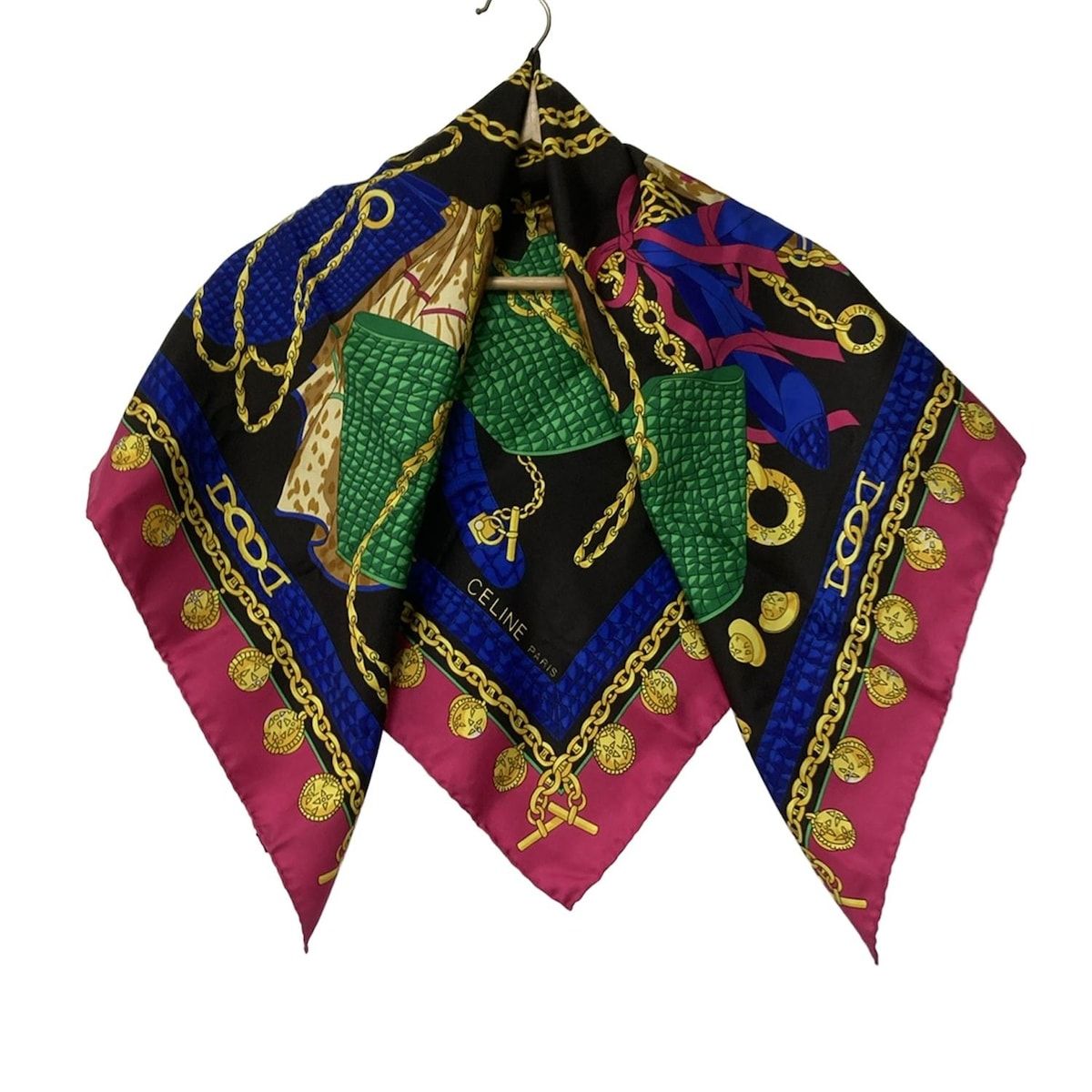 CELINE セリーヌ スカーフ - 黒×ピンク×マルチ