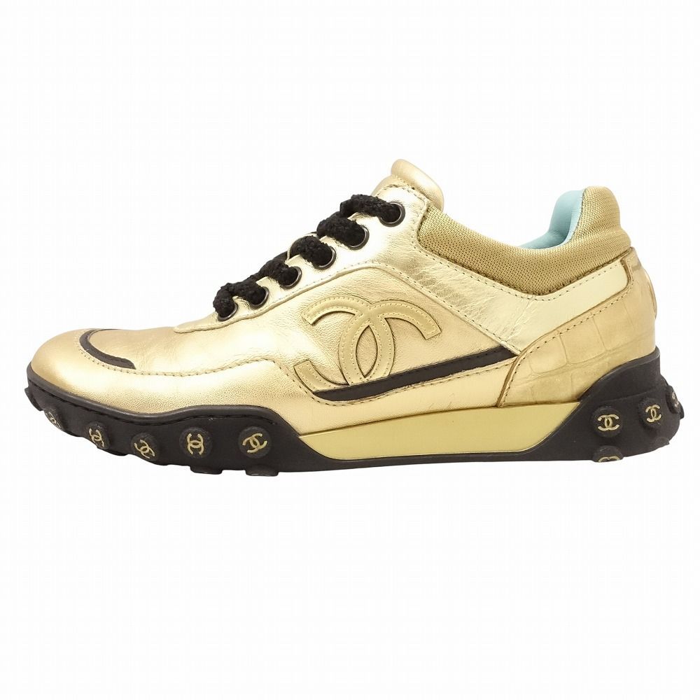 CHANEL シャネル ゴールド スニーカー ロゴ ココマーク レザー