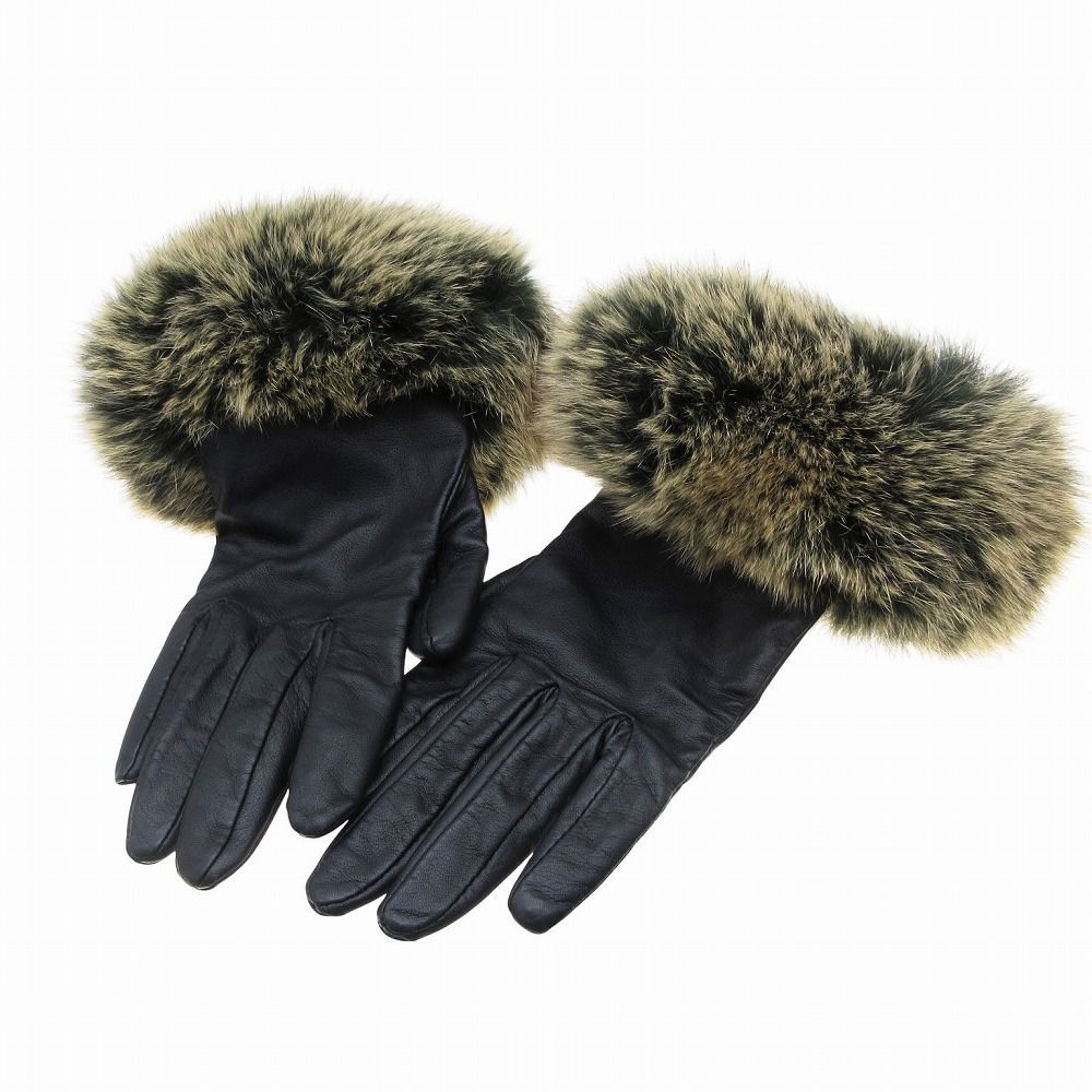 CHANEL シャネル レザー グローブ 染め フォックスファー付き 手袋 裏カシミヤ100% サイズM ブラック 黒 レディース TNT