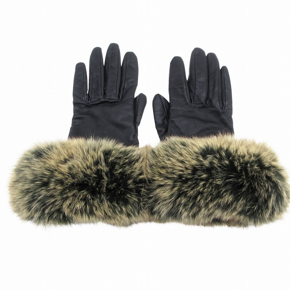 CHANEL シャネル レザー グローブ 染め フォックスファー付き 手袋 裏カシミヤ100% サイズM ブラック 黒 レディース TNT