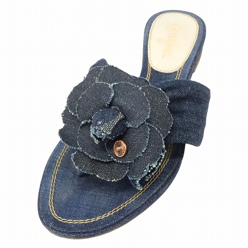 CHANEL シャネル デニム カメリア サンダル ミュール ロゴ リベット