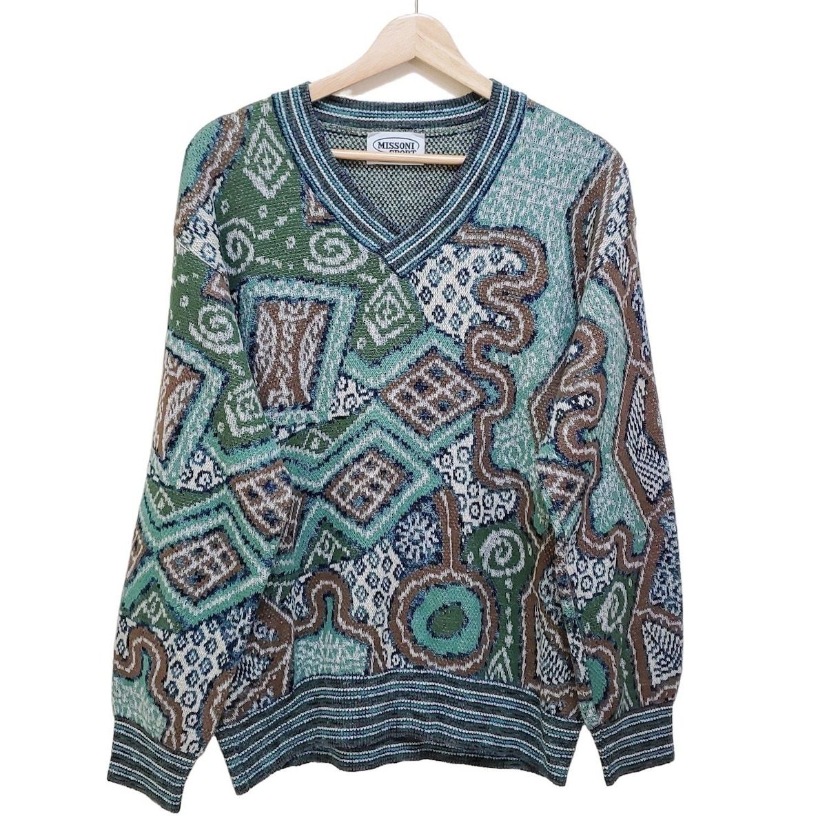MISSONI SPORT ミッソーニスポーツ 長袖セーター サイズS レディース - グリーン×ブラウン×マルチ Vネック