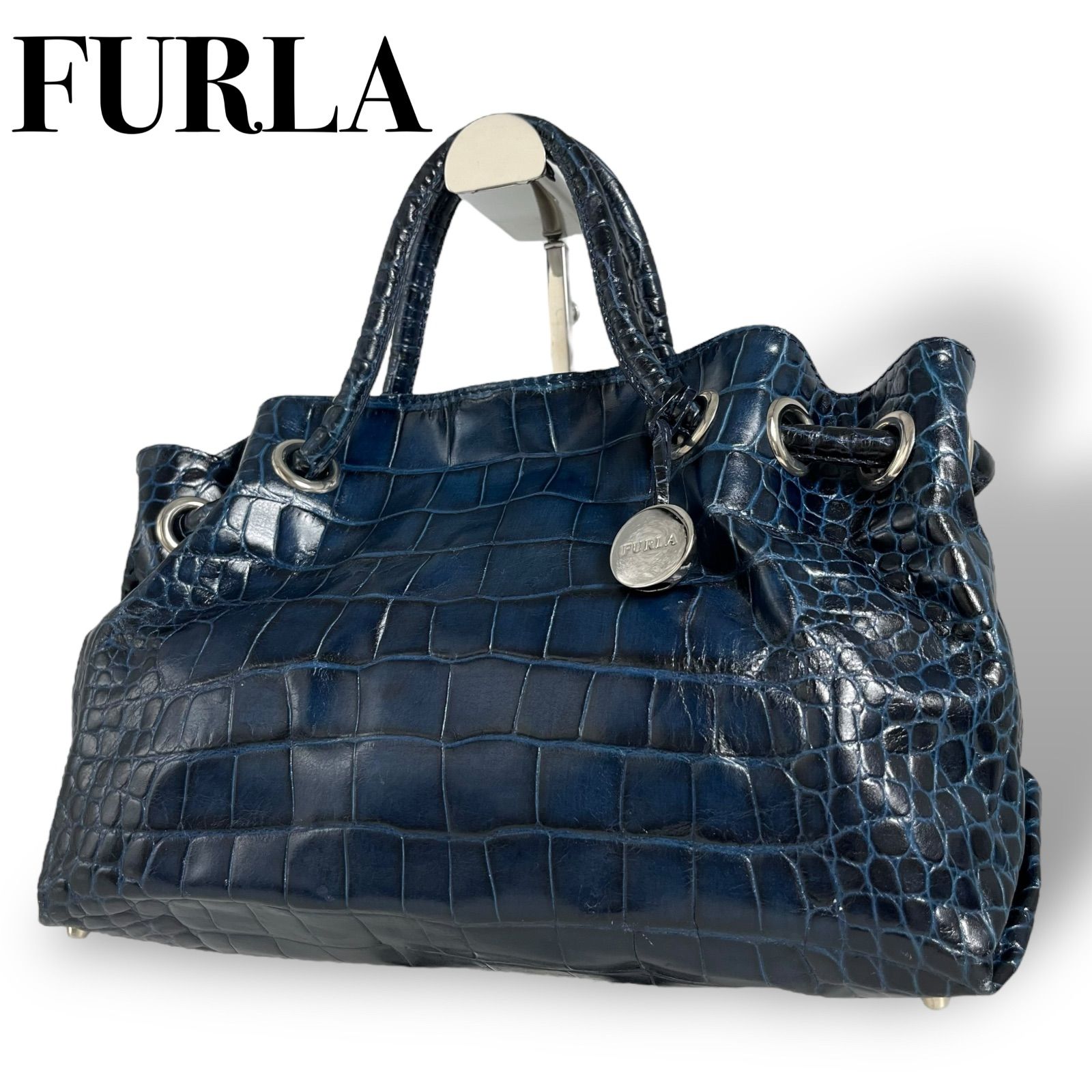 FURLA フルラ ハンドバッグ レディース レザー ネイビー マグネットボタン開閉式 手提げ クロコ型押し 5147