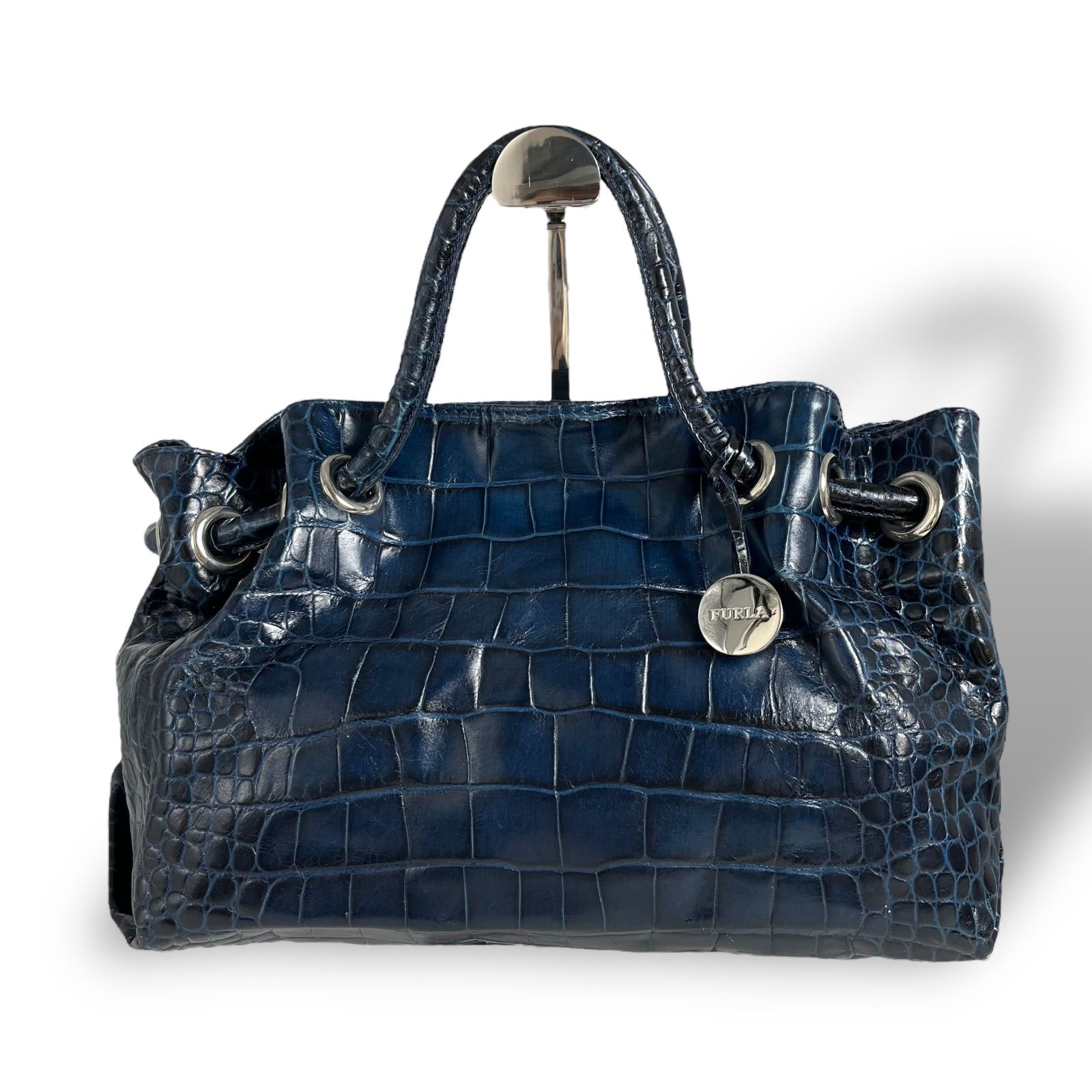 FURLA フルラ ハンドバッグ レディース レザー ネイビー マグネットボタン開閉式 手提げ クロコ型押し 5147