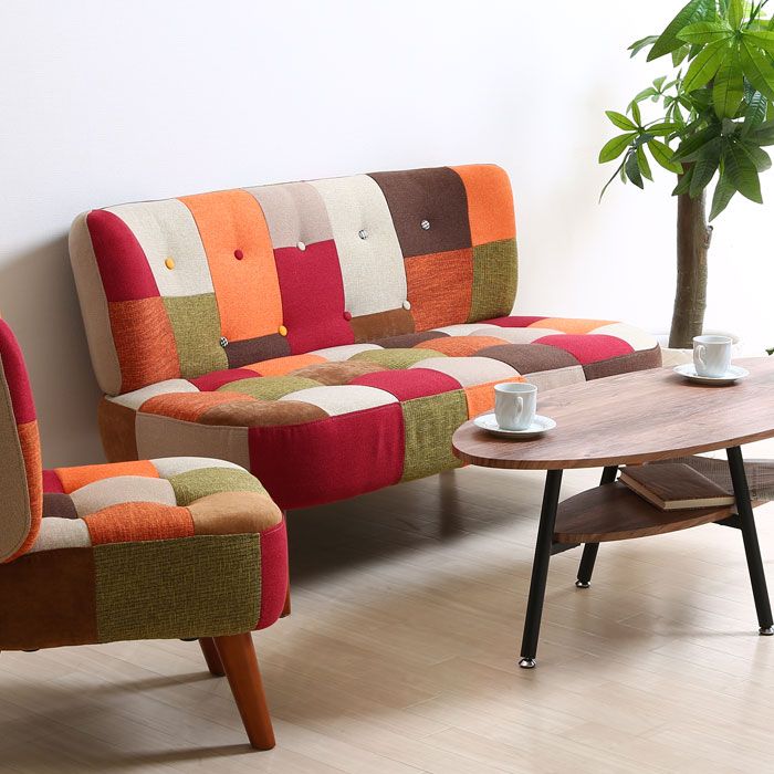 ソファ ソファー パッチワーク 二人掛け 2人掛け 脚付き 幅123cm 木製 木脚 リビング 居間 リビングソファ フロアソファ