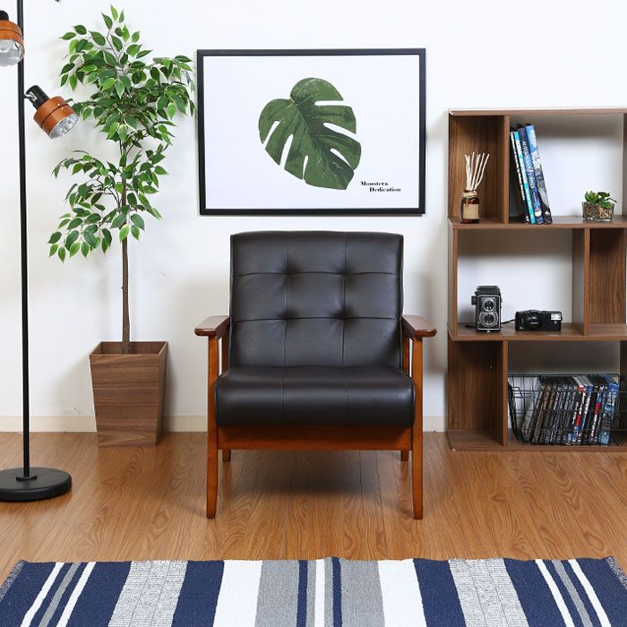 ソファ ソファー 1人掛け レザー 幅64 カフェ風 バイキャストレザー 合成皮革 木製フレーム デザイン 木製 天然木 肘付き