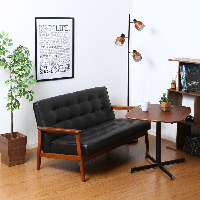 ソファ ソファー 2人掛け レザー 幅135 カフェ風 バイキャストレザー 合成皮革 木製フレーム デザイン 木製 天然木 肘付