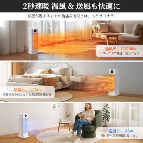 セラミックヒーター 電気ファンヒーター 静音 電気ストーブ 小型 卓上 首振り 2秒速暖 リモコン操作 コンパクト 省エネ ３段階切替え 8W 750W 1200W 過熱保護 ECO搭載 転倒オフ 足元暖房 暖房器 日本語取扱説明書 敬老の日 誕生日 MARWIL-DEMENAGEMENTS_CH