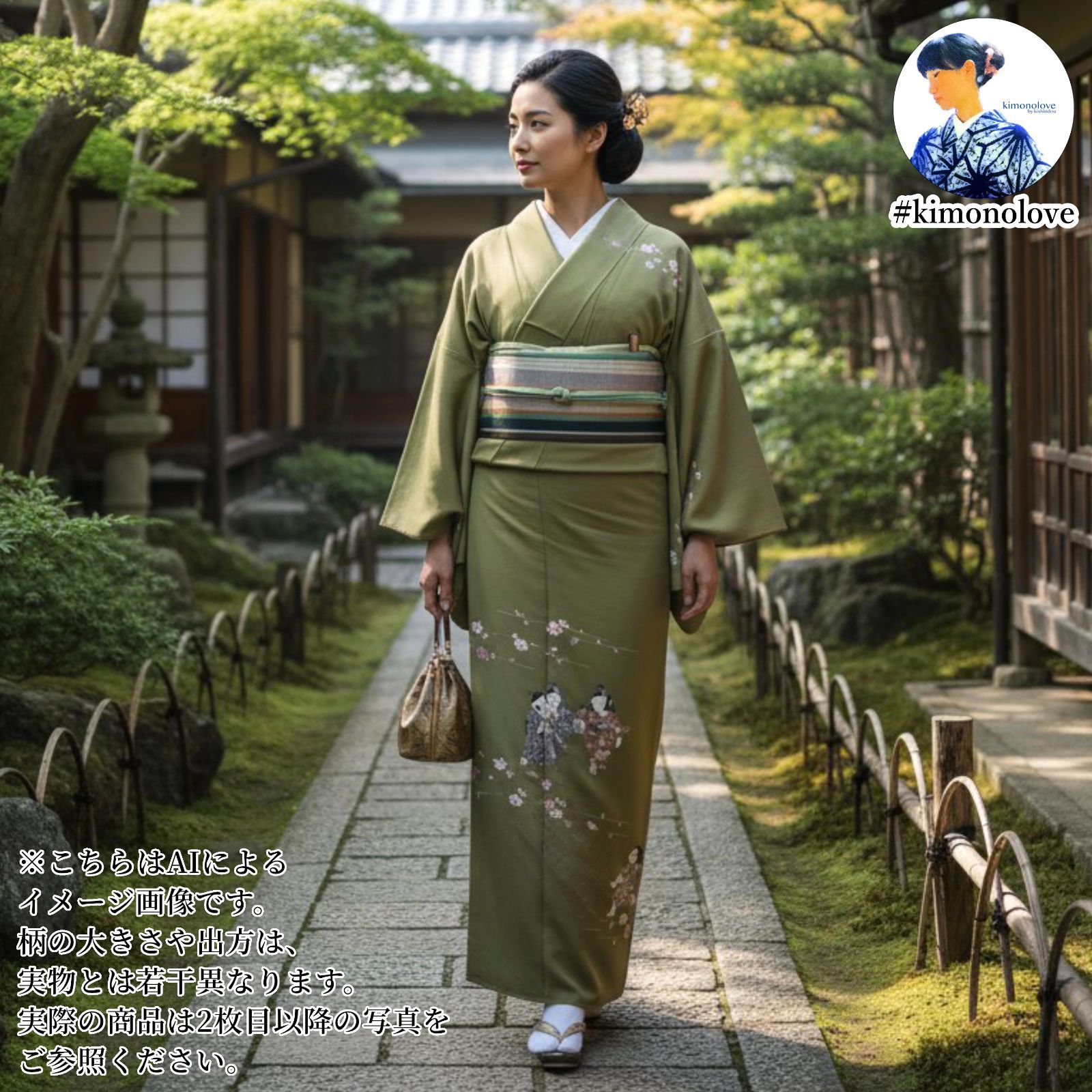 付下げ着物 正絹 手描き友禅 童と枝梅 抹茶色 着物 kimonolove リユース品 オゾン消臭サービス A-0847