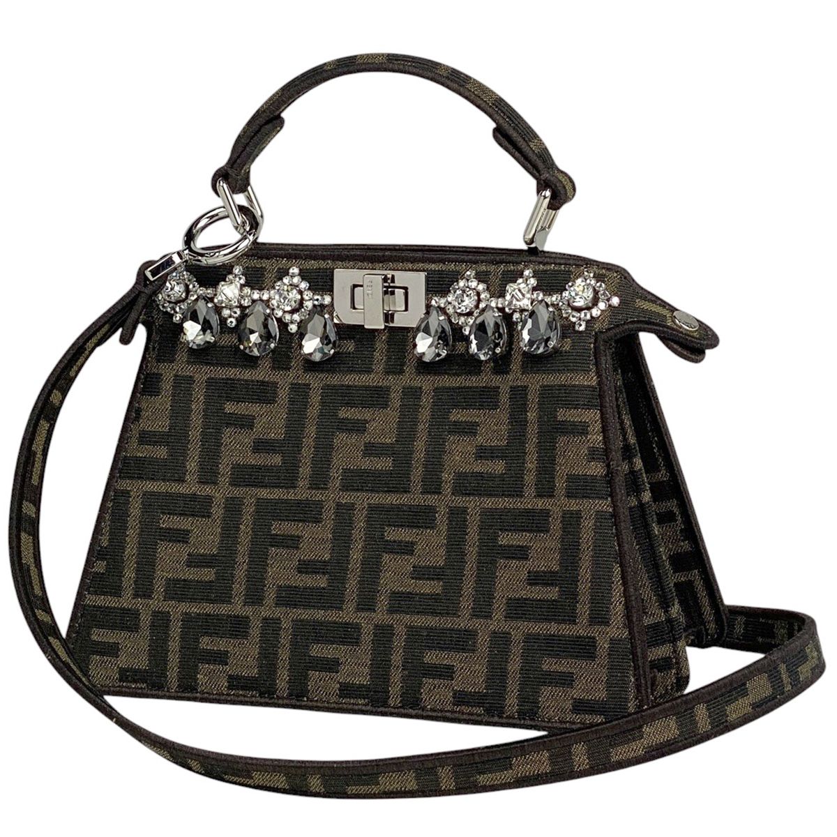 フェンディ FENDI ピーカブー プチ ハンドバッグ 2WAY ショルダーバッグ クリスタル刺繍 ズッカ柄 ハンドバッグ キャンバス ブラウン 8BN335 レディース