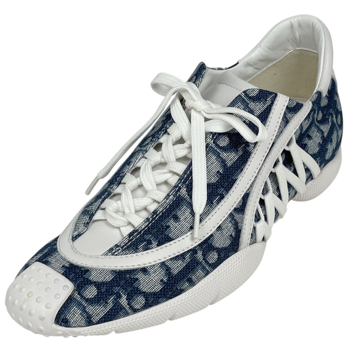 クリスチャンディオール Christian Dior ロゴ スニーカー トロッター柄 ローカット 靴 スニーカー キャンバス レザー ネイビー ホワイト レディース