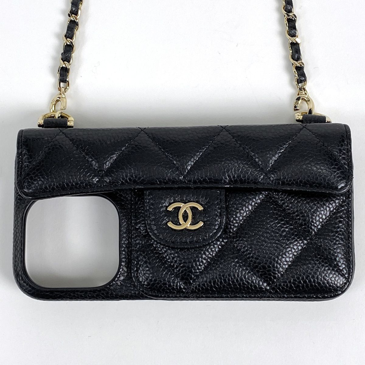 シャネル CHANEL ココマーク チェーン スマホケース iPhone ショルダー 斜め掛け 携帯電話ケース キャビアスキン ブラック レディース