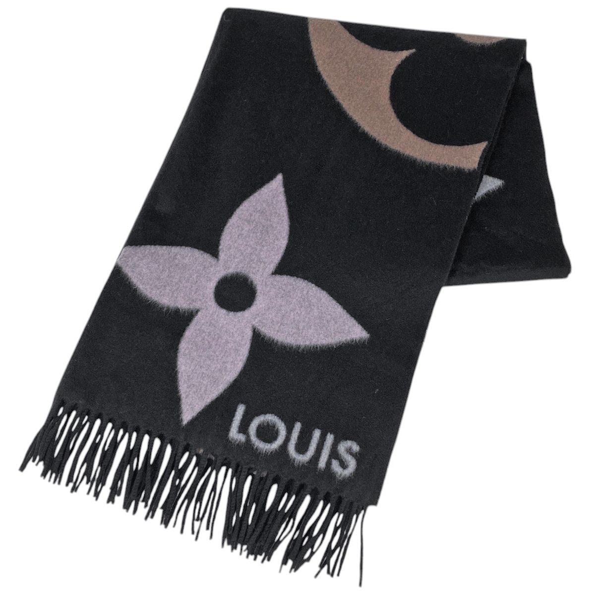 ルイ ヴィトン Louis Vuitton エシャルプ ジ フリンジ マフラー モノグラム ショール カシミヤ ウール ブラック レディース