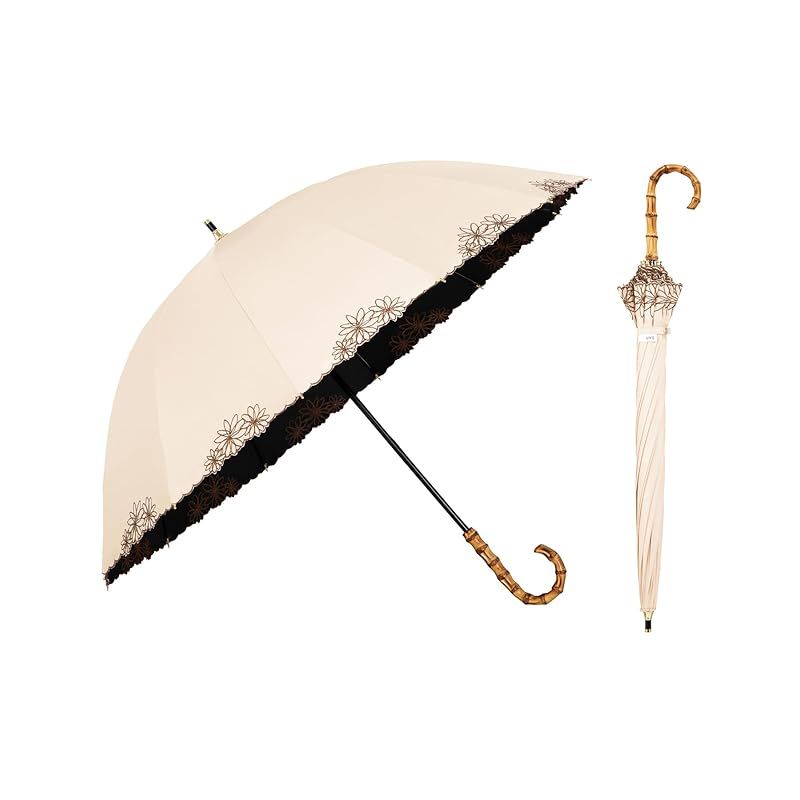 Wpc. 最強の日傘 UVO ウーボ 長傘 12K 刺繍フラワー ベージュ 遮光率&UVカット率 UPF50 遮熱 晴雨兼用 親骨55cm レディース 女性 バンブー 持ち手おしゃれ カジュアル 丈夫 UVO12K-07 0