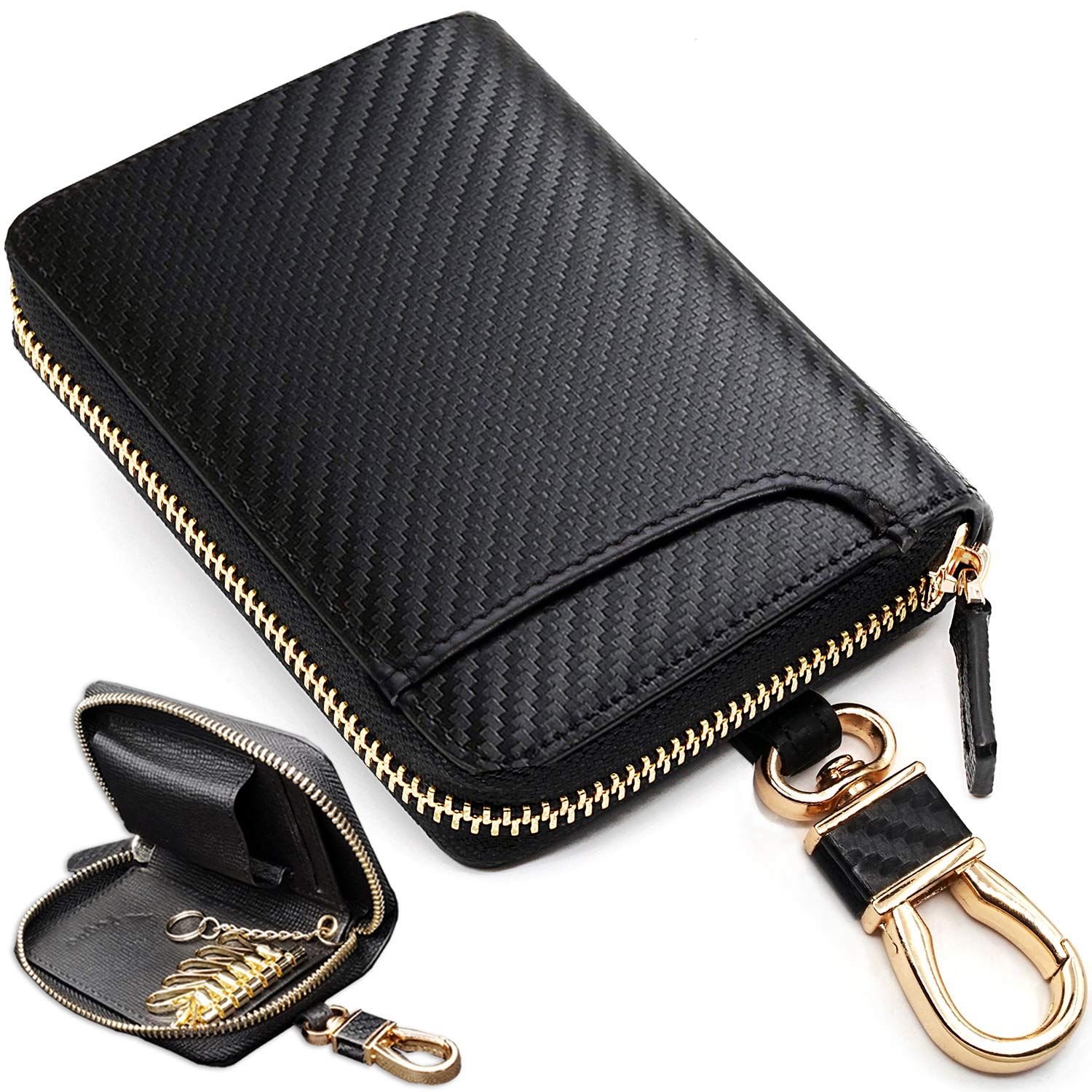 [PEYNE] キーケース メンズ 本革 スマートキーケース - カーボン カード 大容量 レザー メンズキーケース 02小銭入れ(表革: カーボン ブラック 内側: 型押しカーフ ブラック/レッド)…