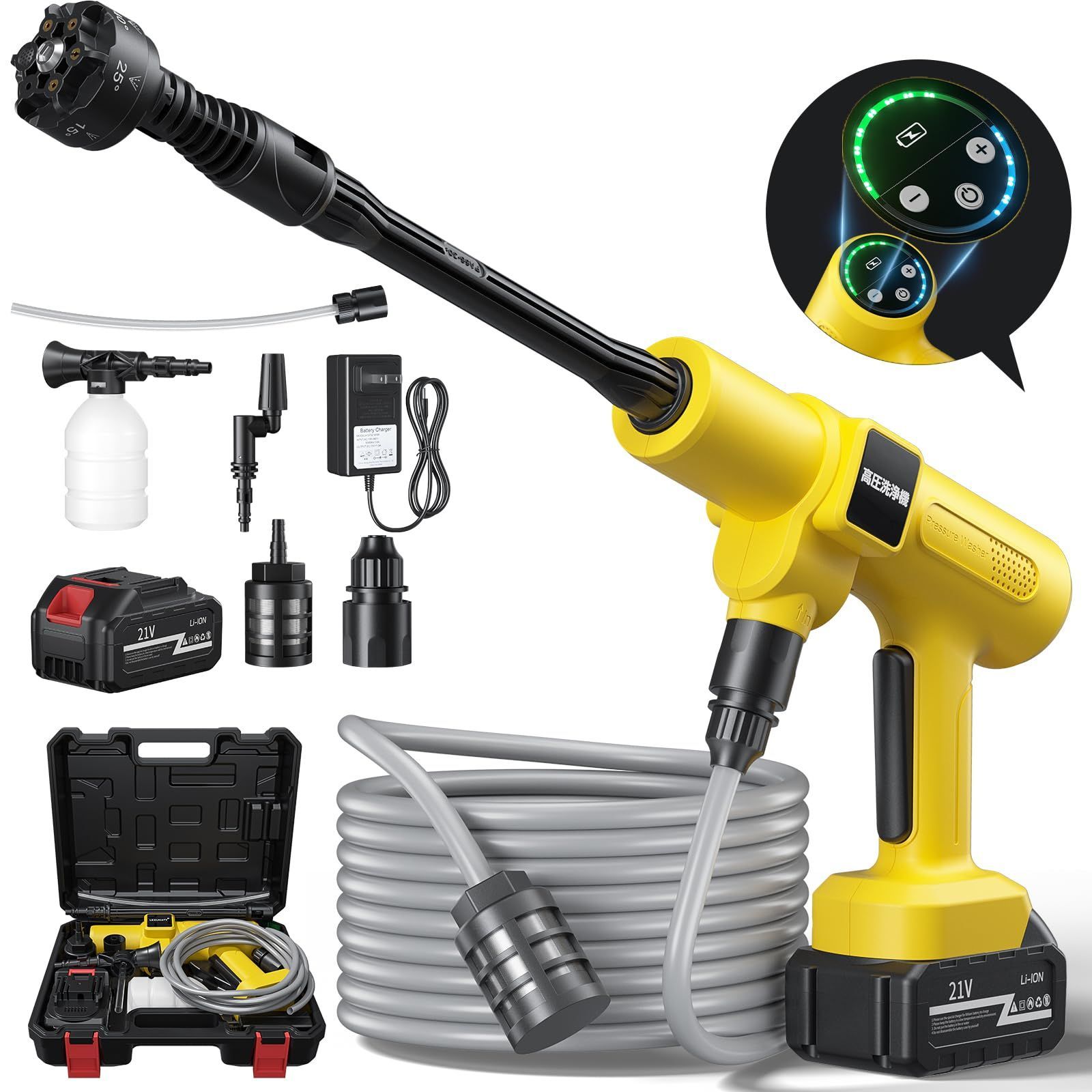 洗浄機 コードレス 充電式 バッテリー式 洗車機 20000 mAh マキタ互換バッテリー 残量表示 監修 750 W 軽量 小型 自吸式 噴射距離10 M 洗車 家庭用 2段階 6 in 1ノズル 水道接続不要 収納ケー付き 持ち運び便利 庭 屋外 階段