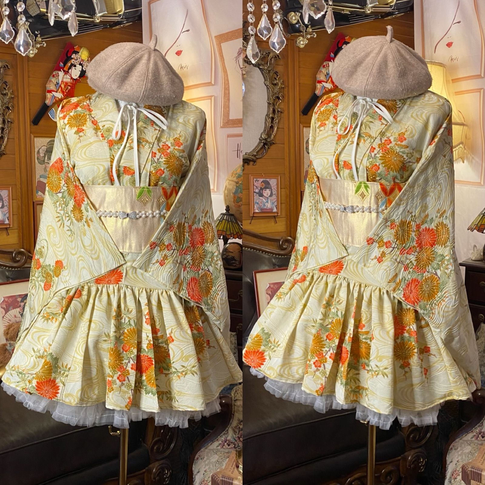 単衣 着物 ミニ丈 ワンピース ドレス 和ロリ 2部式作り帯 名古屋帯 お太鼓 リメイク 和洋折衷 ハンドメイド レトロ 古着 菊と流水の舞 雅やか MKW-40