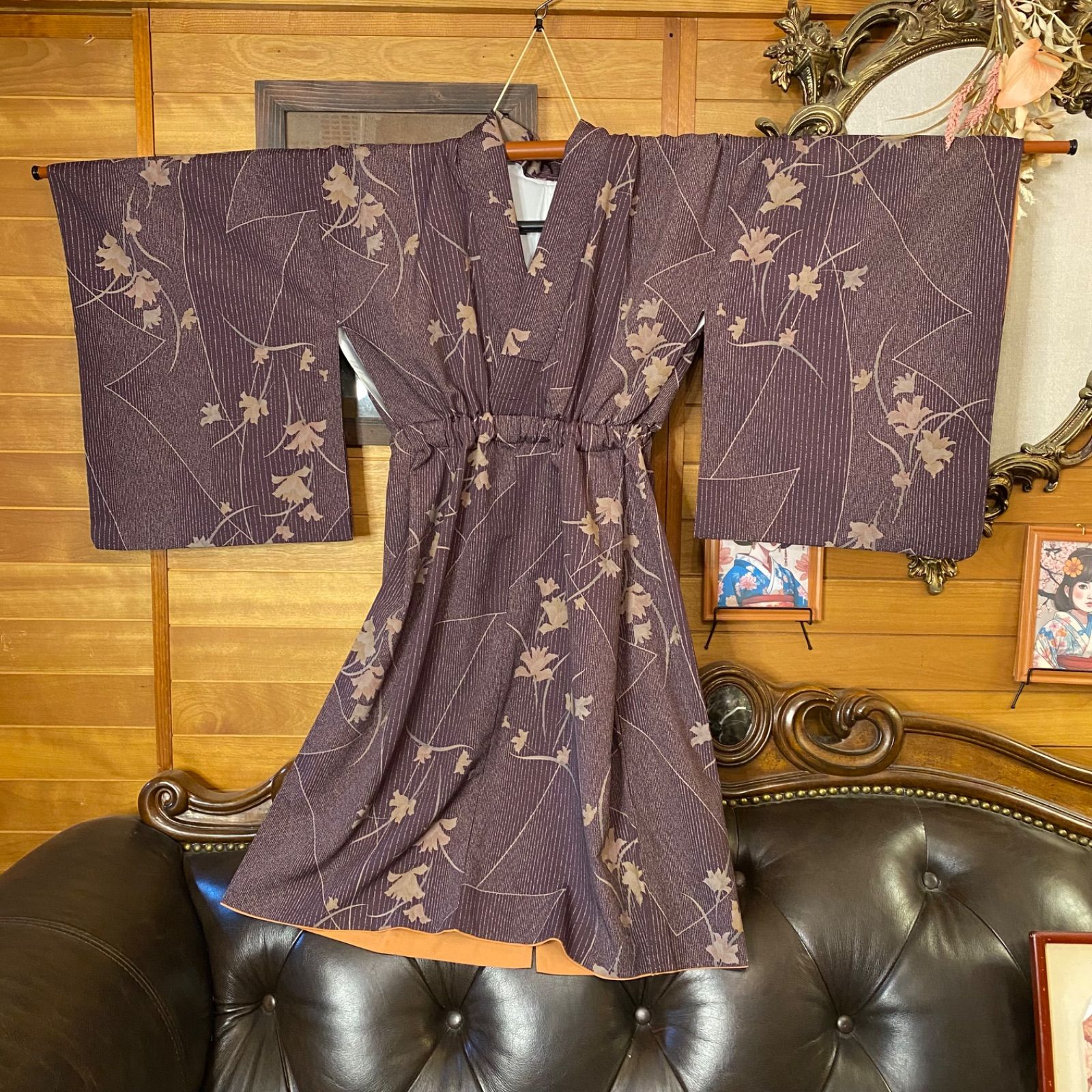  着物 リメイク ミニミディワンピース ドレス 洗える 化繊 名古屋帯サッシュベルト付き 和洋折衷 ハンドメイド 葡萄茶×花 葉模様 KW-1139 小紋 着物