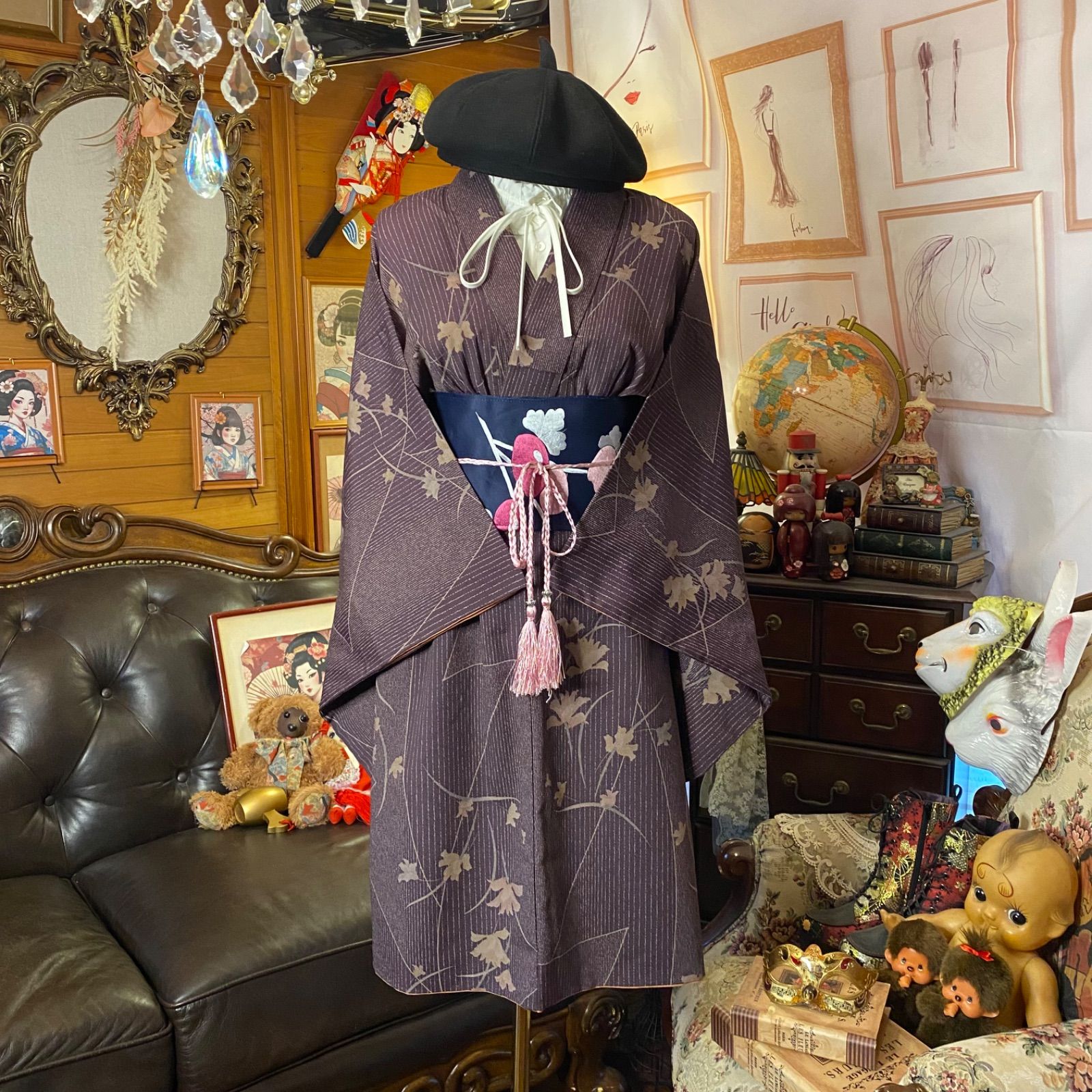 着物 リメイク ミニミディワンピース ドレス 洗える 化繊 名古屋帯サッシュベルト付き 和洋折衷 ハンドメイド 葡萄茶×花 葉模様 KW-1139