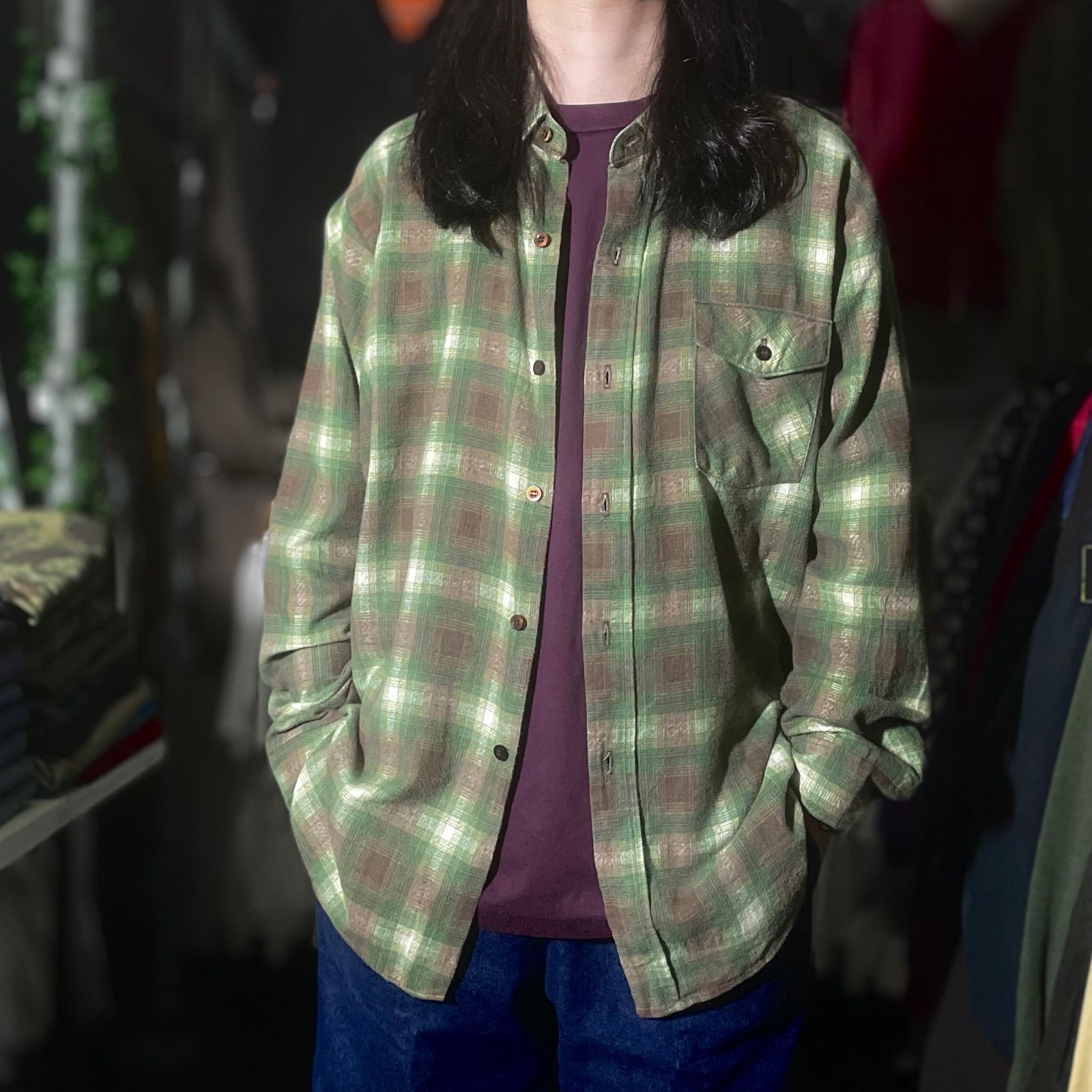 1980 s SEARS Ombre Plaid L S Flannel Shirt オンブレチェック プリントネルシャツ