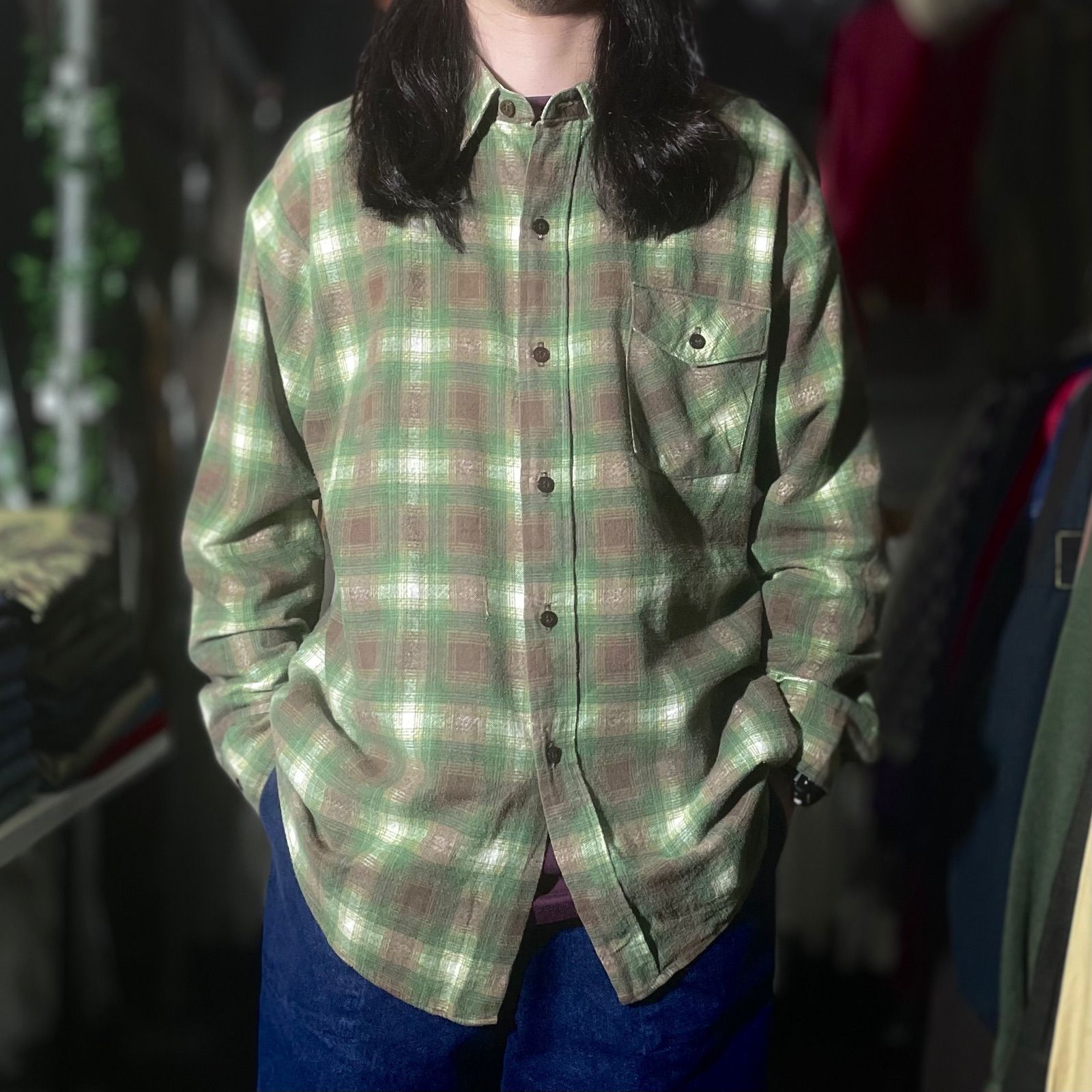 1980 s SEARS Ombre Plaid L S Flannel Shirt オンブレチェック プリントネルシャツ