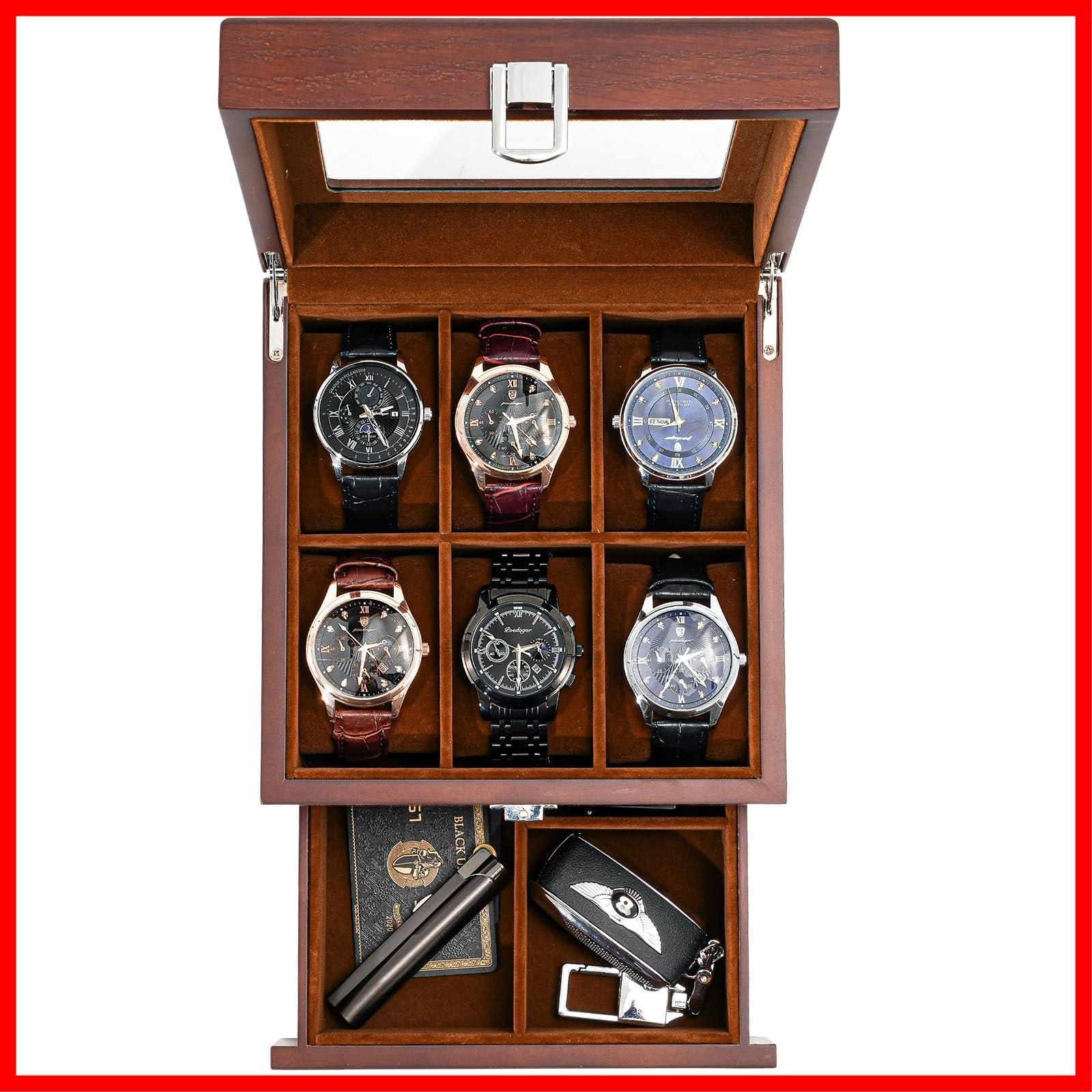 ProCase メンズ木製腕時計ボックス 6スロット ラッカー仕上げ ガラストップ付き 2段ディスプレイケース 父の日ギフト エスプレッソ
