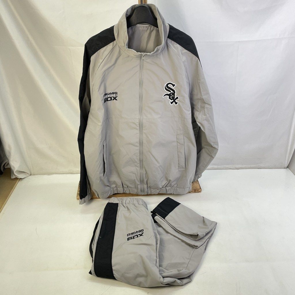 01w-5587 MONO-MART MLB ホワイトソックス ナイロンウェア セットアップ ナイロントラックブルゾン サイドラインワイドトラックパンツ ワッペン刺繍 ライトグレー サイズL 中国製 ナイロン jk976 pt1148 品