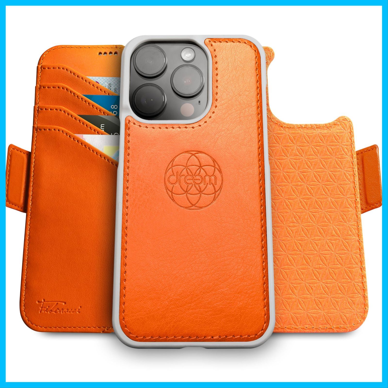 耐衝撃 マグネット着脱式 ヴィーガンレザー製 携帯電話ケース - Max用 RFIDカード保護機能 Pro 16 2通りに使えるフリップスタンド付き iPhone Apple - 財布型ケース フィボナッチ Fibonacci 2イン1 オレ