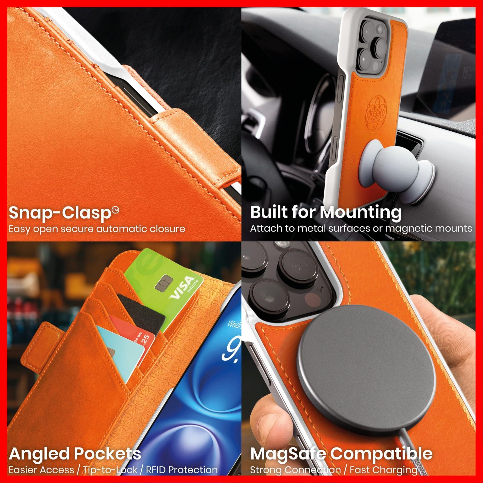  耐衝撃 マグネット着脱式 ヴィーガンレザー製 携帯電話ケース - Max用 RFIDカード保護機能 Pro 16 2通りに使えるフリップスタンド付き iPhone Apple 財布型ケース フィボナッチ Fibonacci 2イン1 オレ その他 文房具 事務用品