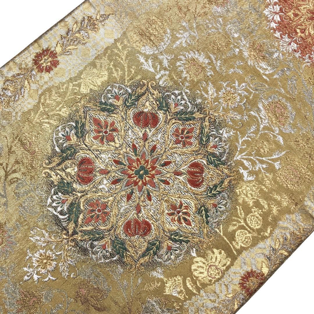 活気のある 袋帯 美しい華柄模様 金糸 金色 O-5659