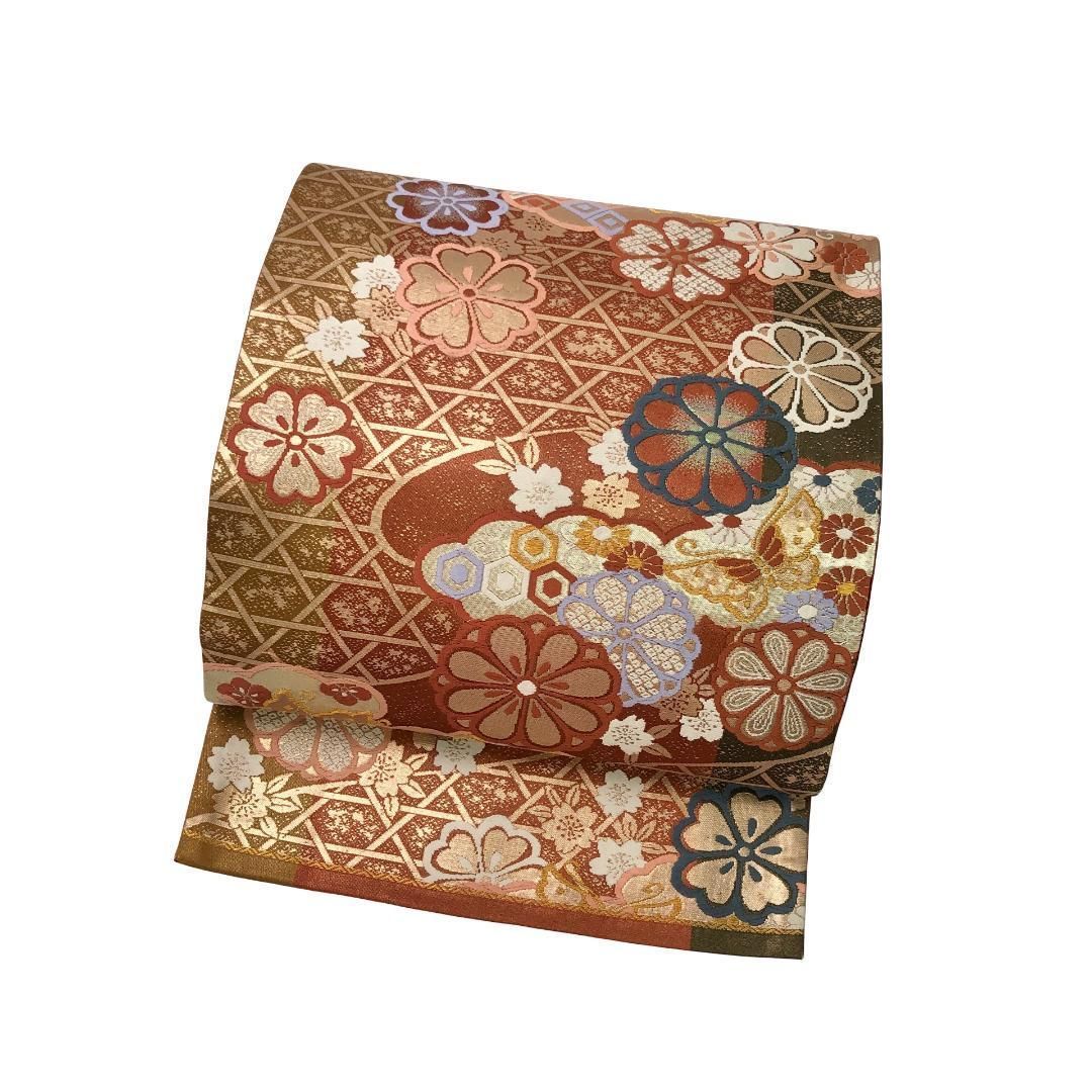 袋帯 竹垣に花模様 蝶々 亀甲 弁柄色 金糸 振袖 O-5657