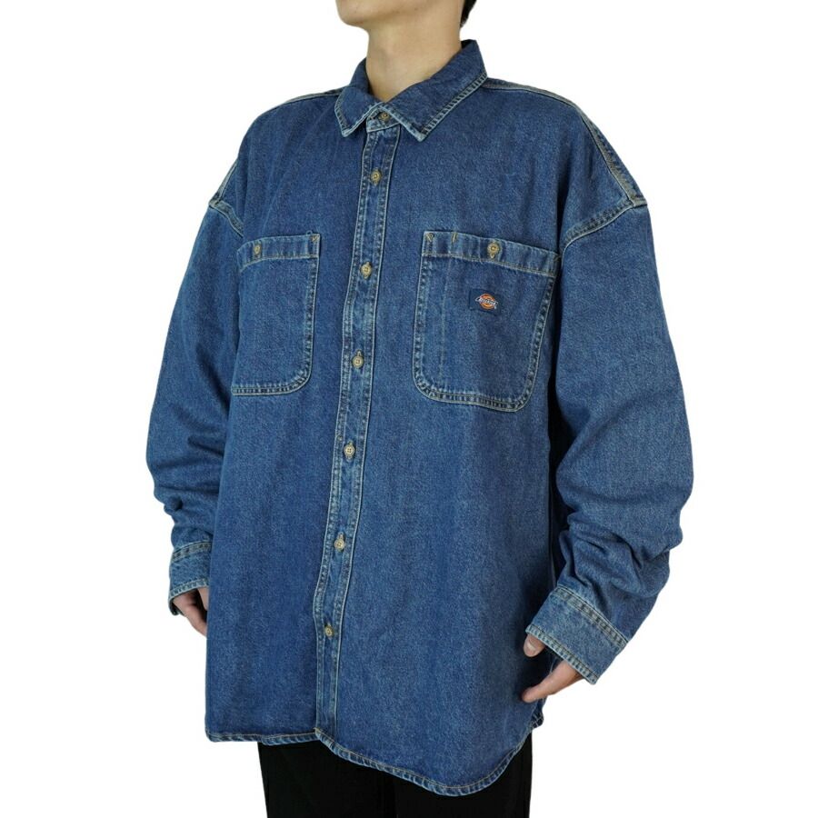 DICKIES ディッキーズメンズ シャツ 長袖DENIM WORK SHIRT デニム ワークシャツロングスリーブ BLUE ブルー 厚手スケーター TATOO ローライダー 作業着 大きめ